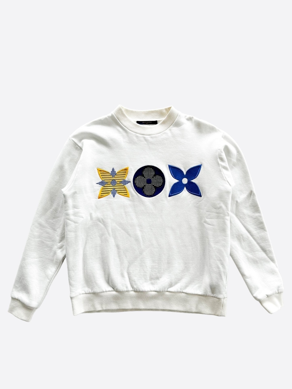 Men's White Crewneck Sweater with Blue & Yellow Appliqué
